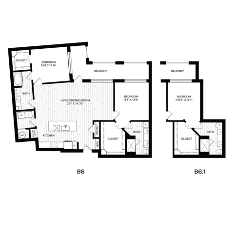 Floor plan for 2 beds, 2 baths, 1353 sqft
